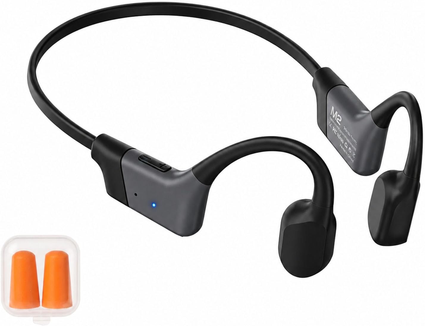 KORAVIS M2 open-ear bone conduction headphones in grey-black, shown with the supplied earplugs