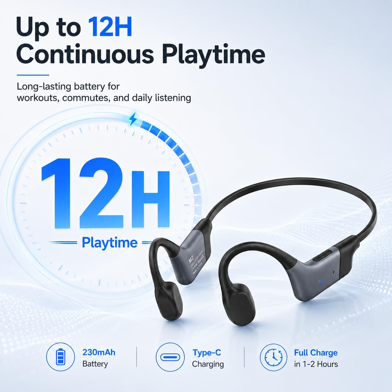 KORAVIS M2 open-ear bone conduction headphones — 12H continuous playtime graphic with 230 mAh battery and Type-C charging icons