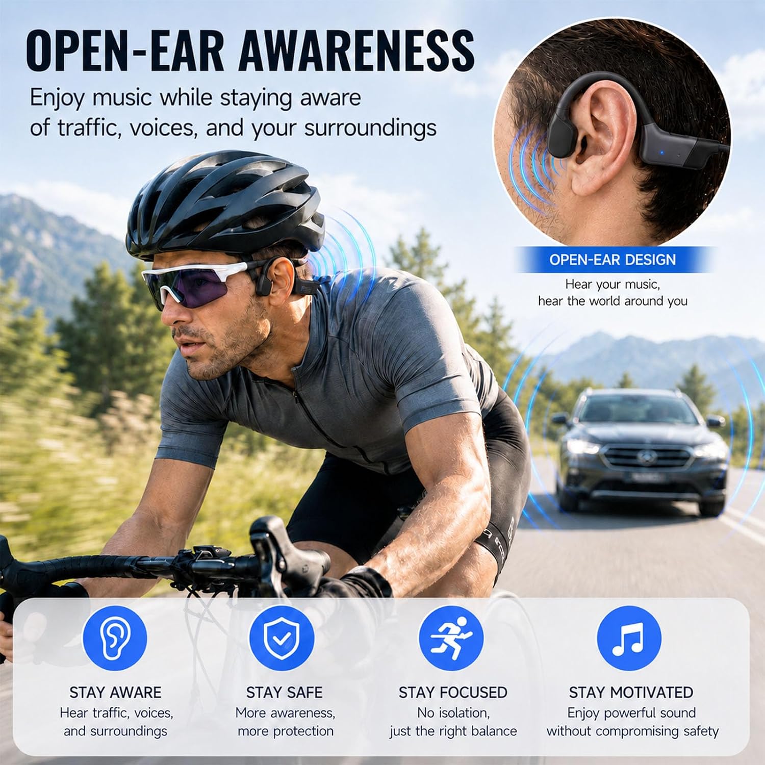 Cyclist wearing KORAVIS M2 headphones while staying aware of traffic and surroundings