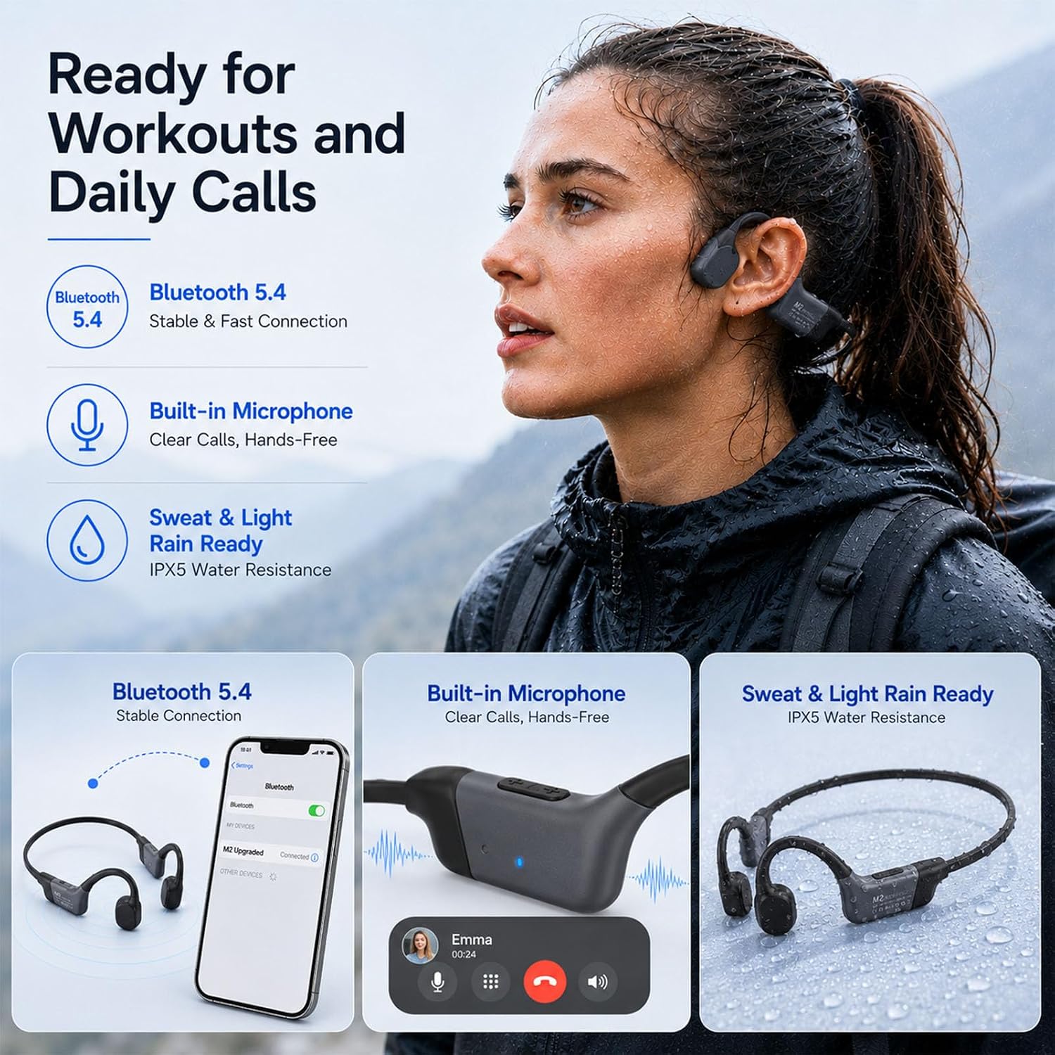 KORAVIS M2 open-ear bone conduction headphones — woman in rain wearing black headphones with Bluetooth 5.4 and mic callouts