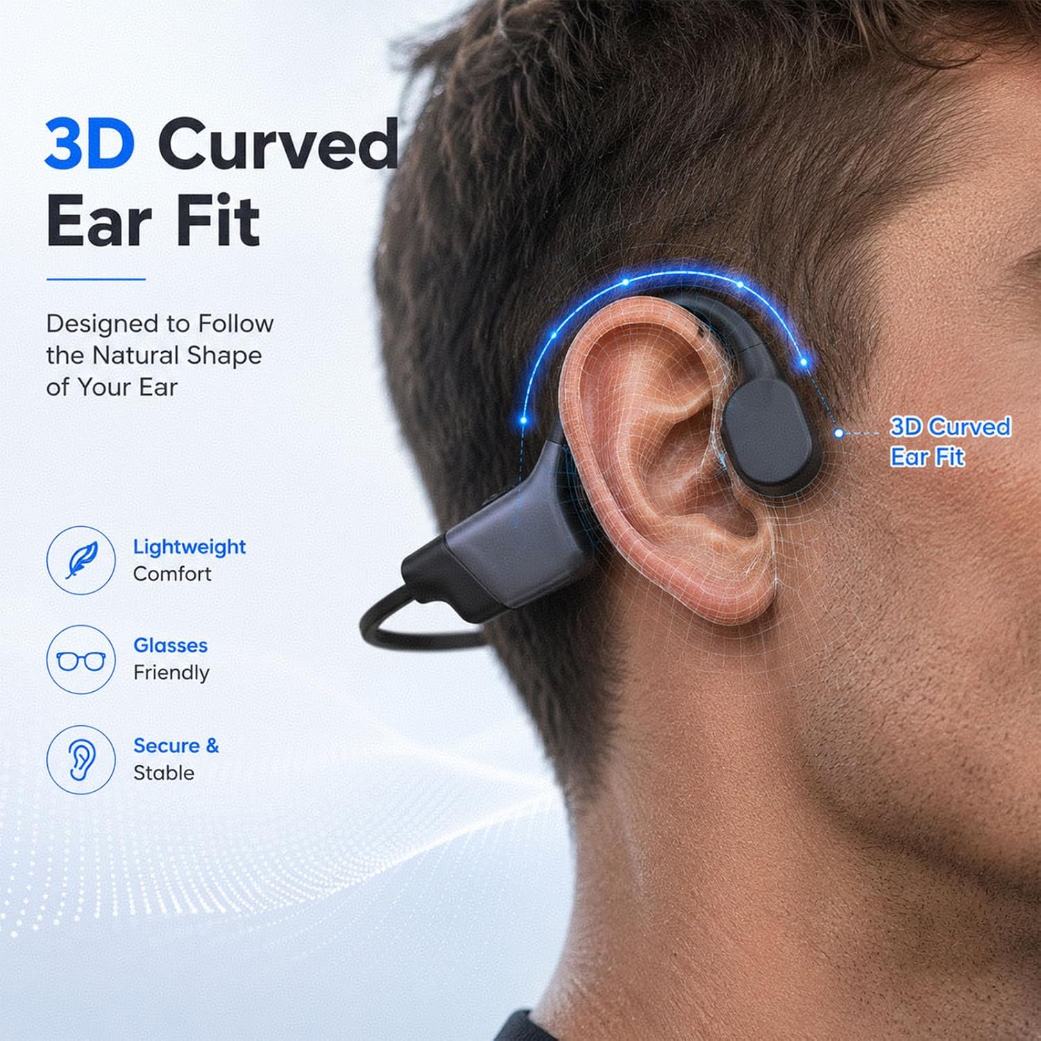 KORAVIS M2 open-ear bone conduction headphones — 3D curved ear fit graphic on a wearer, glasses-friendly and secure-fit callouts