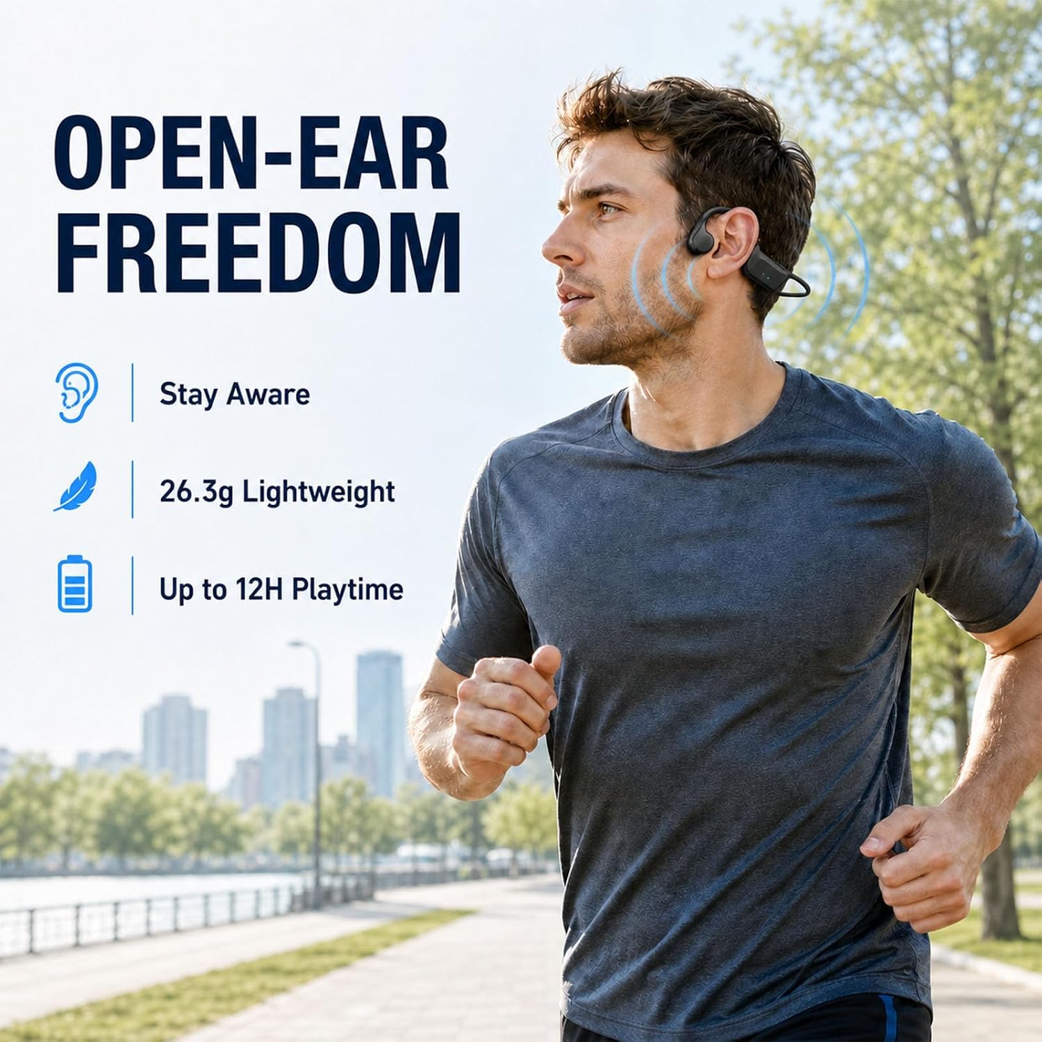 KORAVIS M3 open-ear bone conduction headphones — man running by a lake with 26.3 g lightweight and up to 12H playtime callouts