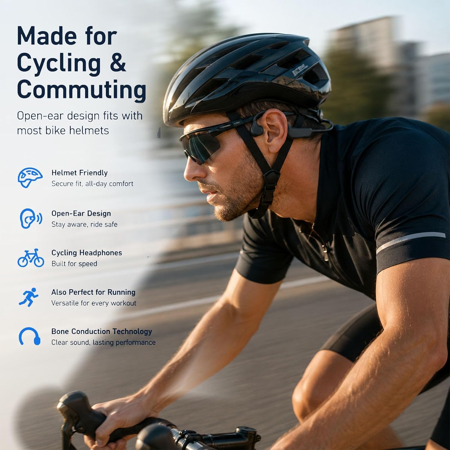 KORAVIS M3 open-ear bone conduction headphones — cyclist in a helmet with helmet-friendly, open-ear and bone conduction callouts