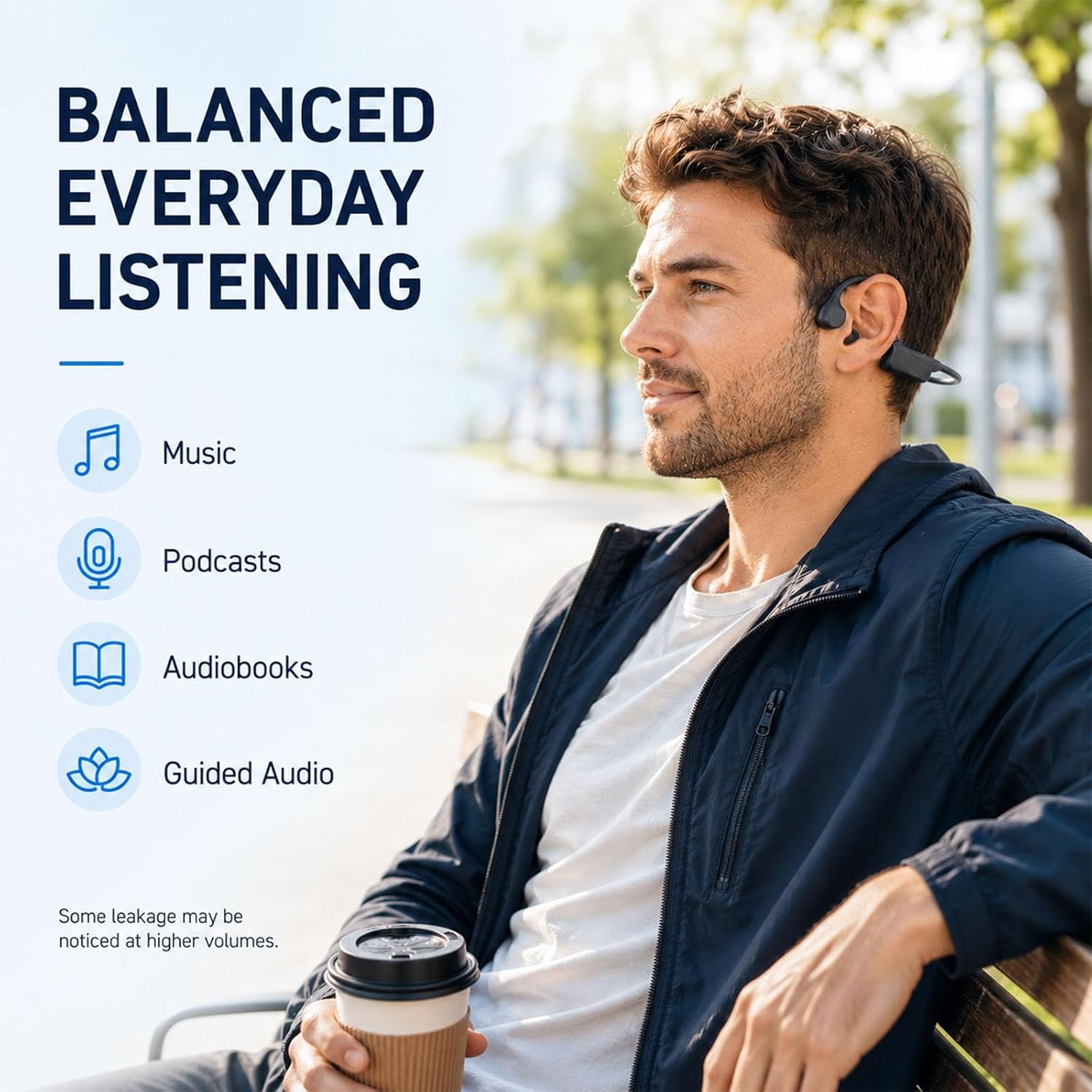 KORAVIS M3 open-ear bone conduction headphones — man on a bench with coffee, beside a music, podcasts and audiobooks list