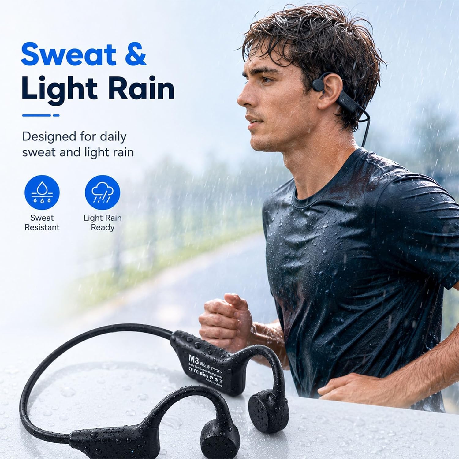 KORAVIS M3 open-ear bone conduction headphones — man running in rain with sweat-resistant and light-rain-ready callouts