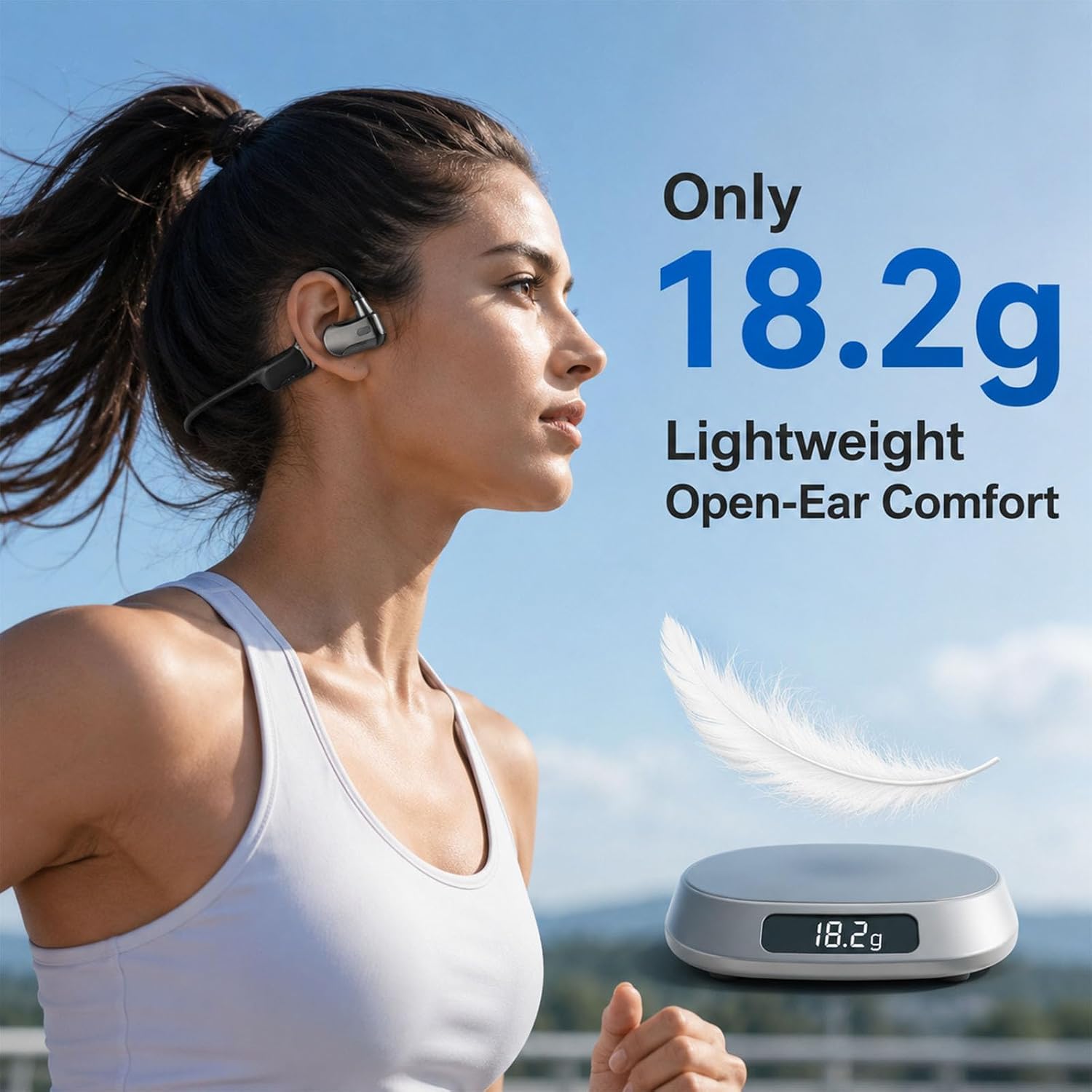 KORAVIS Q1 open-ear air conduction headphones — woman jogging beside a feather and scale showing the 18.2 g frame weight