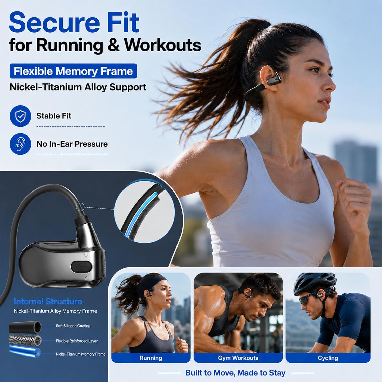KORAVIS Q1 open-ear air conduction headphones — runner with memory-frame nickel-titanium alloy cutaway callouts